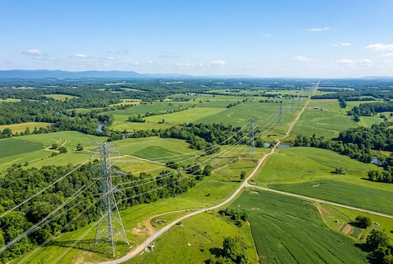 Linha de transmissão elétrica em área de vegetação com risco de incêndio