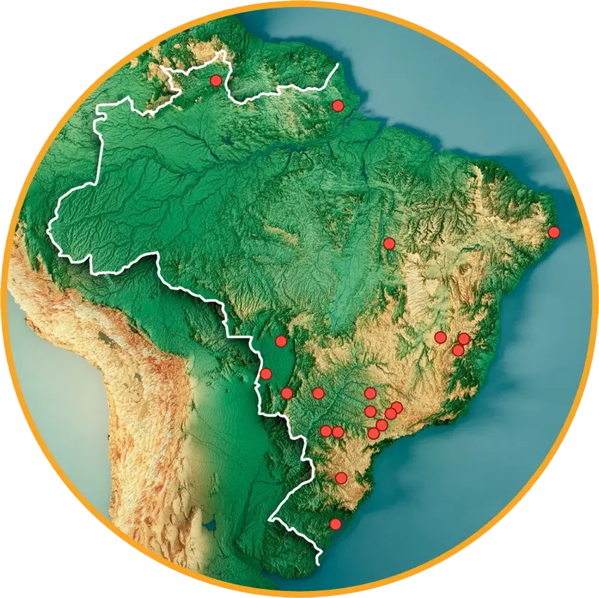 Mapa do Brasil com pontos indicando a presença da umgrauemeio