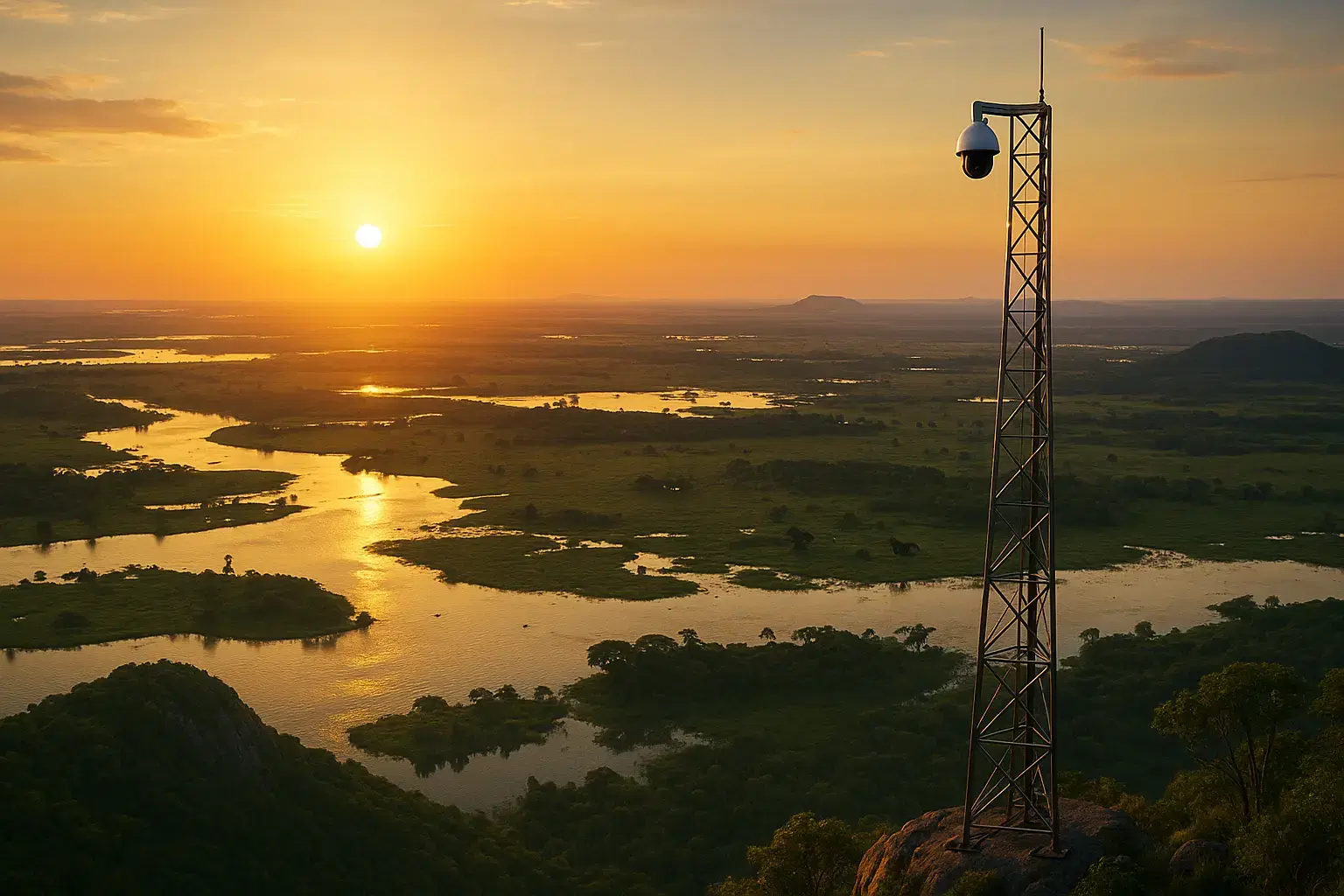 Vista aérea do Pantanal com monitoramento inteligente contra incêndios