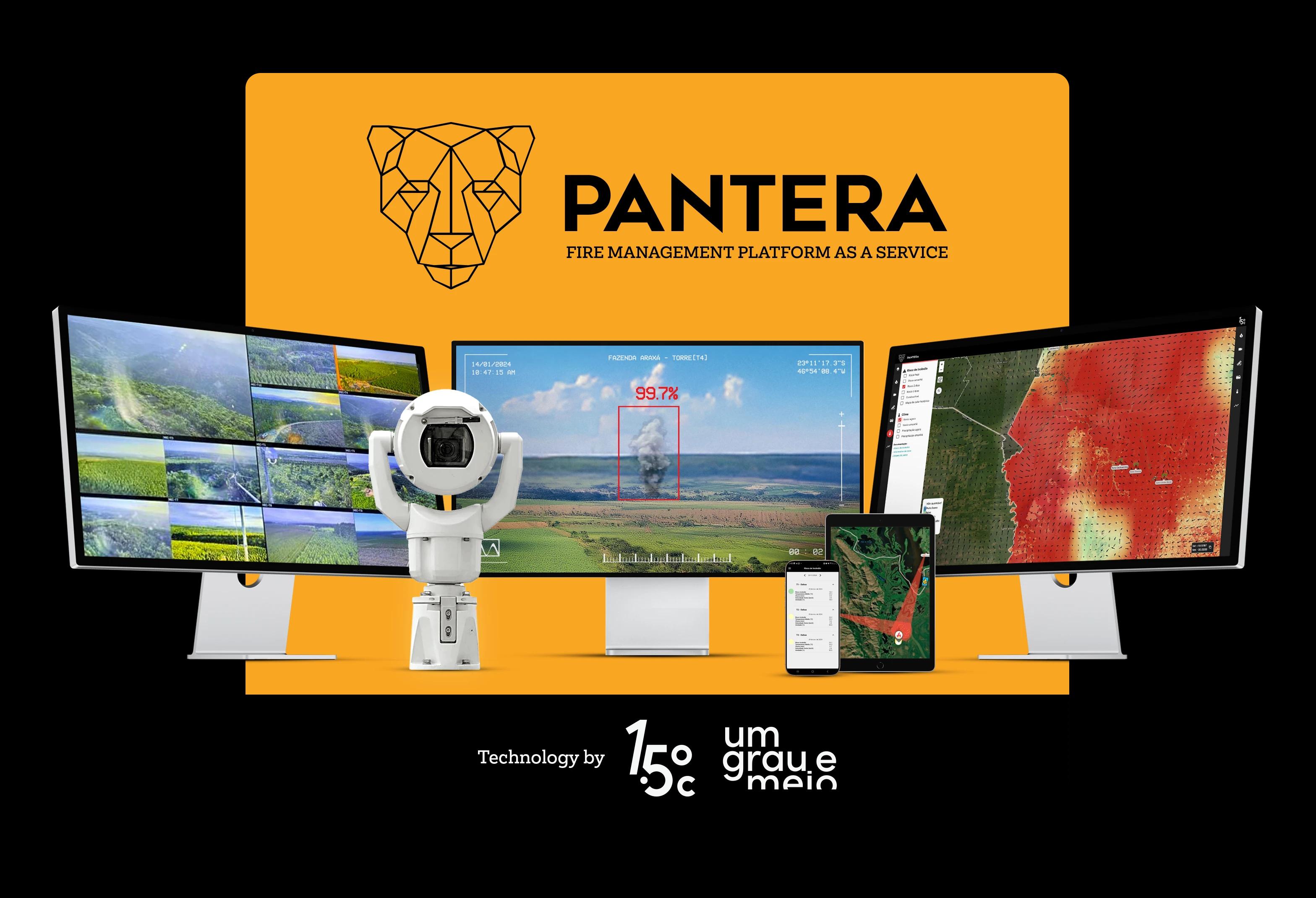 Plataforma Pantera exibida em múltiplos monitores, com um tablet e uma câmera de detecção, mostrando a integração de hardware e software.